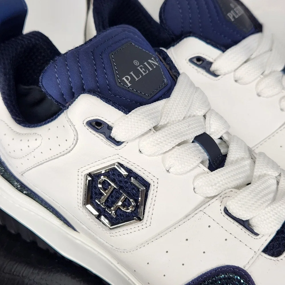 Philipp Plein Mix Leather Lo-Top Sneakers Mens Size 9 White Dark Blue Crystal
